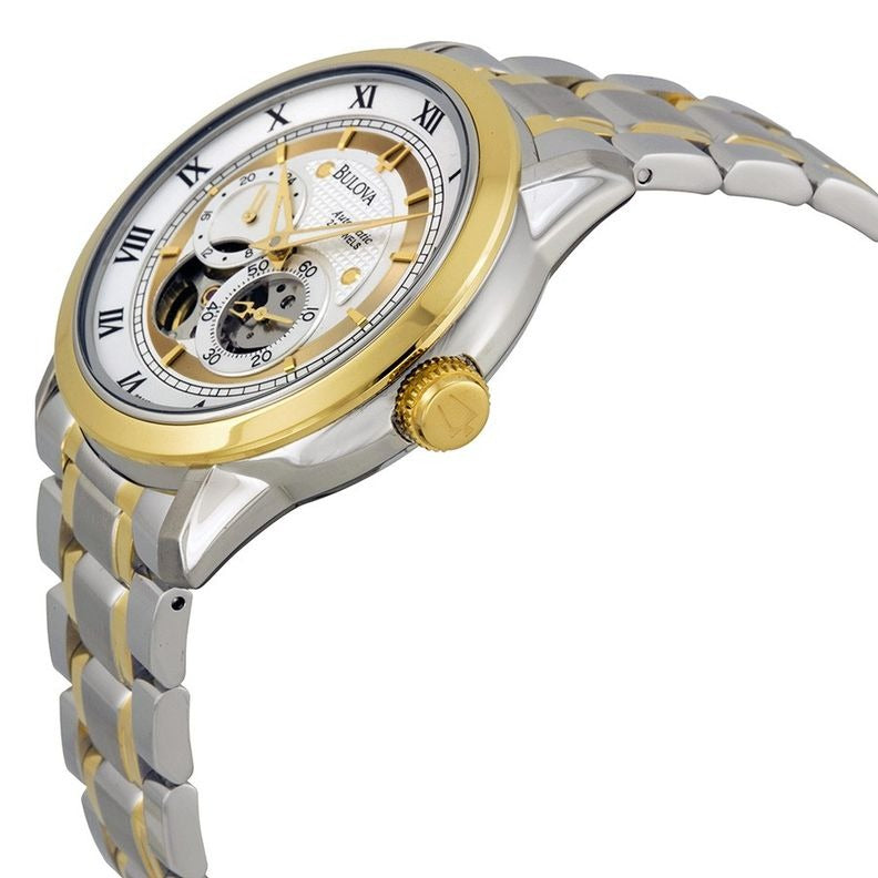  Shop Authentic Bulova BVA Skeleton Silver Dial Two Tone Steel Strap Watch for Men - 98A123 - Luxxuri