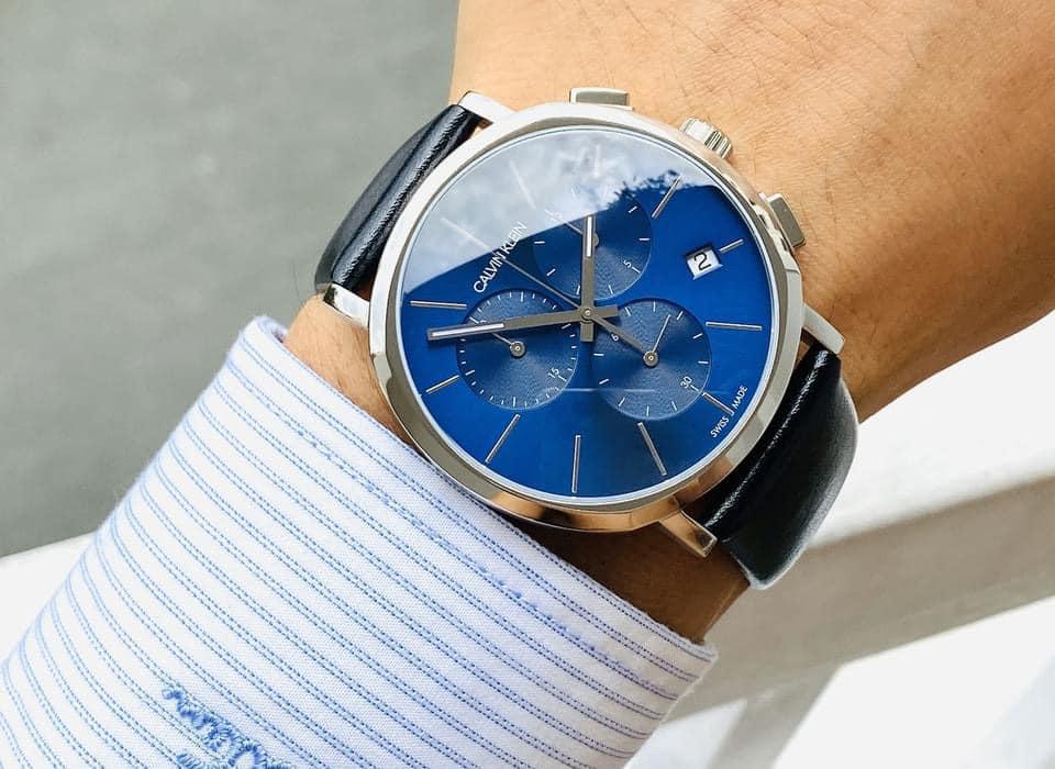  Shop Authentic Calvin Klein Chronograph Blue Dial Black Leather Strap Watch for Men - K8Q371CN - Luxxuri