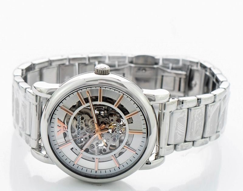  Shop Authentic Emporio Armani Meccanico Skeleton Silver Dial Silver Steel Strap Watch For Men - AR1980 - Luxxuri