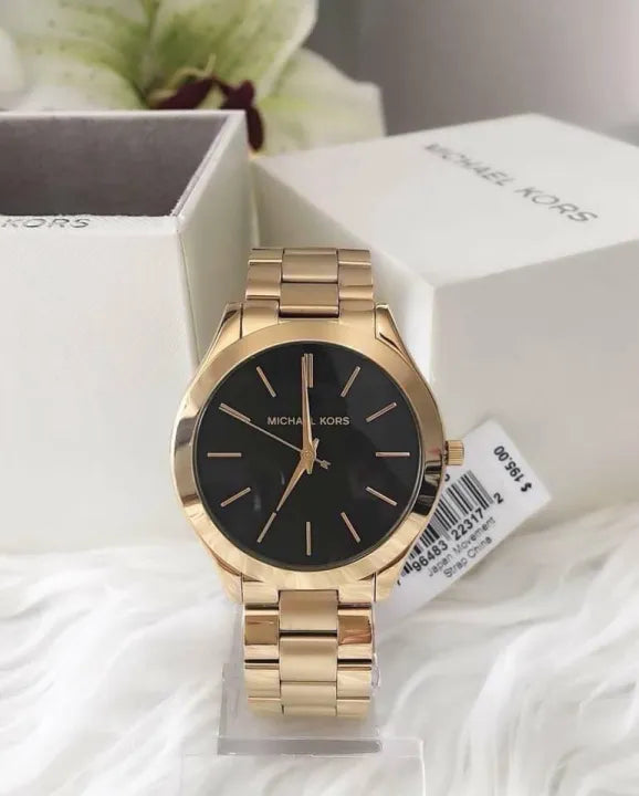 Michael Kors Runway Black Dial Gold Steel Strap Watch for Women - MK3478