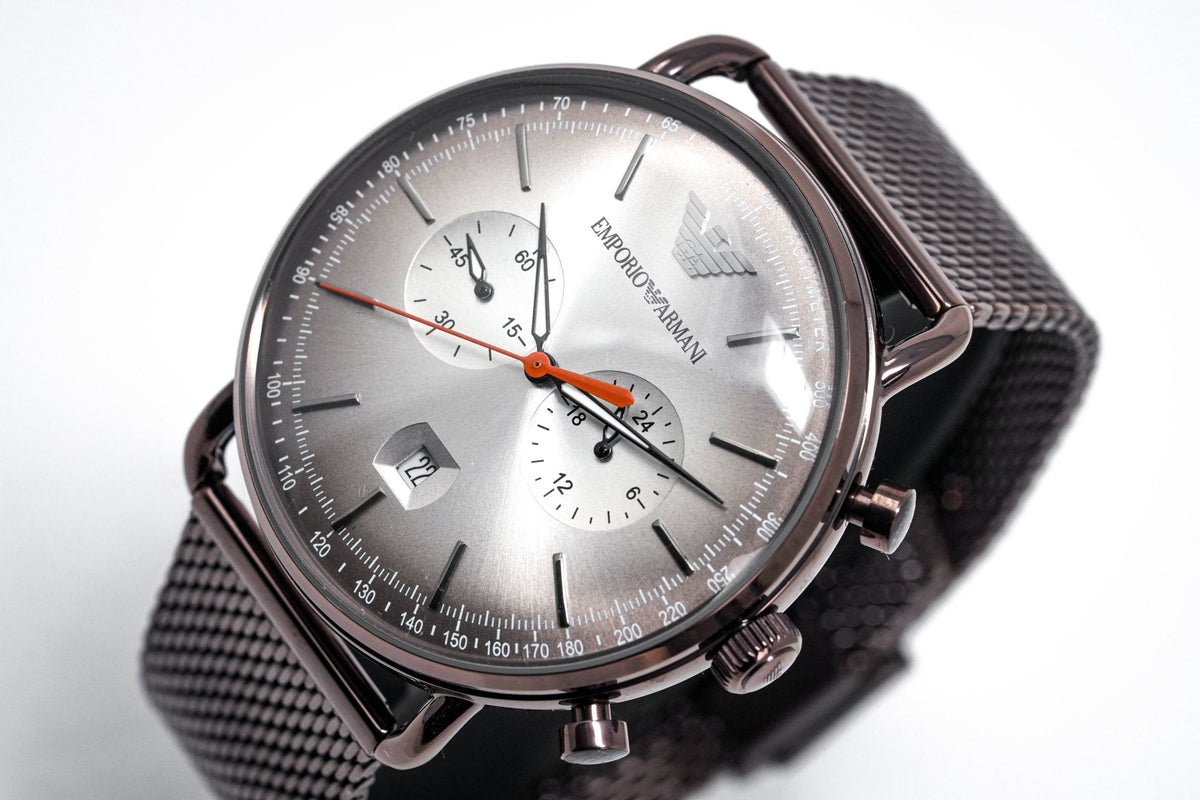 Shop Authentic Emporio Armani Aviator Chronograph Grey Dial Brown Mesh Bracelet Watch For Men - AR11169 - Luxxuri