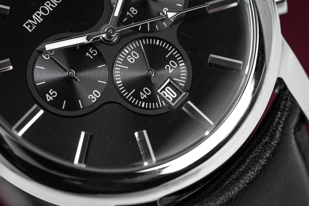  Shop Authentic Emporio Armani Classic Chronograph Black Dial Black Leather Strap Watch For Men - AR0431 - Luxxuri