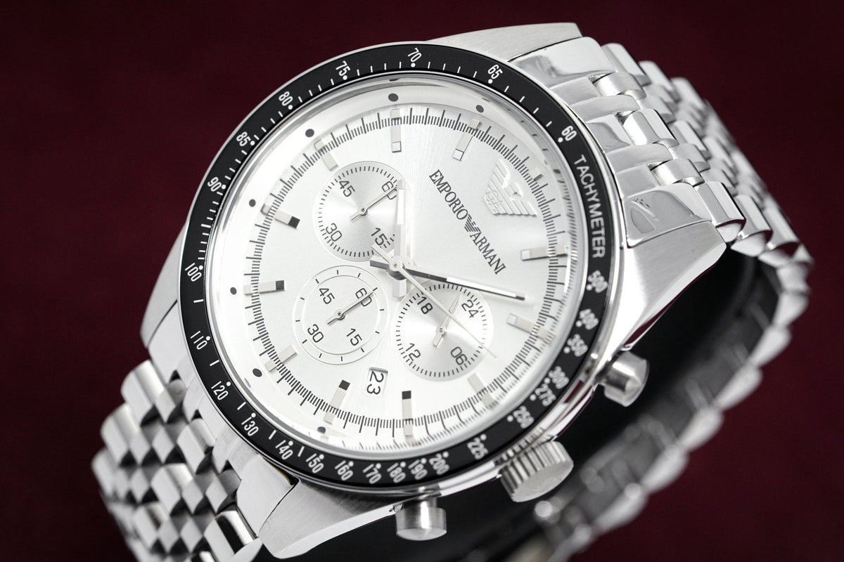  Shop Authentic Emporio Armani Sportivo Chronograph Silver Dial Silver Steel Strap Watch For Men - AR6073 - Luxxuri