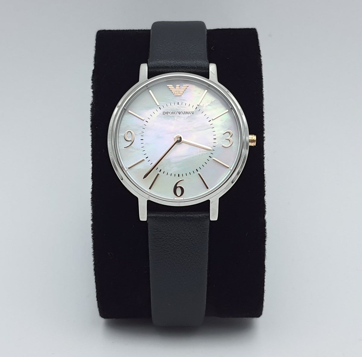  Shop Authentic Emporio Armani Kappa White Mother of Pearl Dial Black Leather Strap Watch For Women - AR2509 - Luxxuri