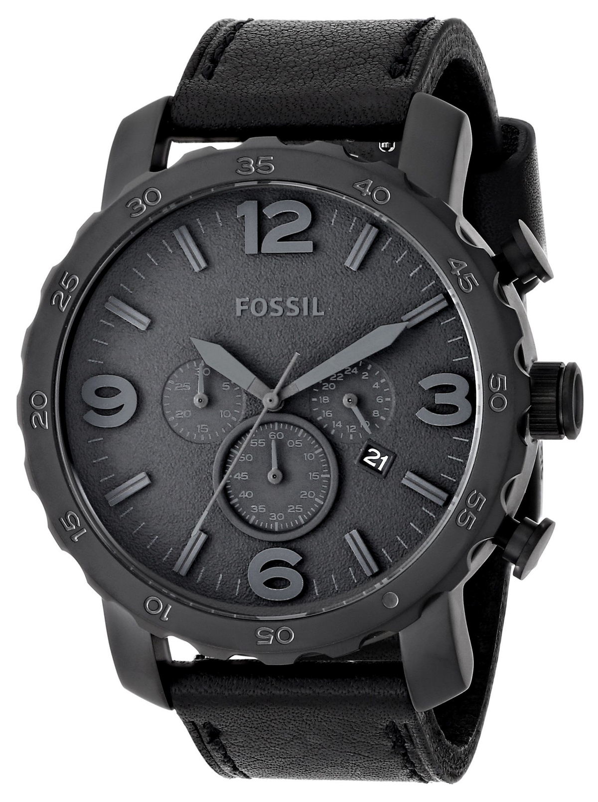 Fossil Nate Chronograph Black Dial Black Leather Strap Watch for Men - JR1354