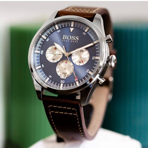  Shop Authentic Hugo Boss Pioneer Chronograph Blue Dial Brown Leather Strap Watch For Men - 1513709 - Luxxuri