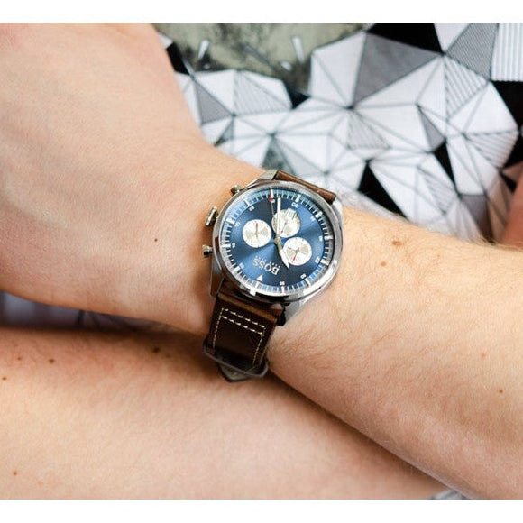  Shop Authentic Hugo Boss Pioneer Chronograph Blue Dial Brown Leather Strap Watch For Men - 1513709 - Luxxuri