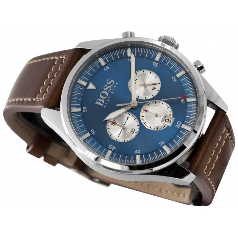  Shop Authentic Hugo Boss Pioneer Chronograph Blue Dial Brown Leather Strap Watch For Men - 1513709 - Luxxuri
