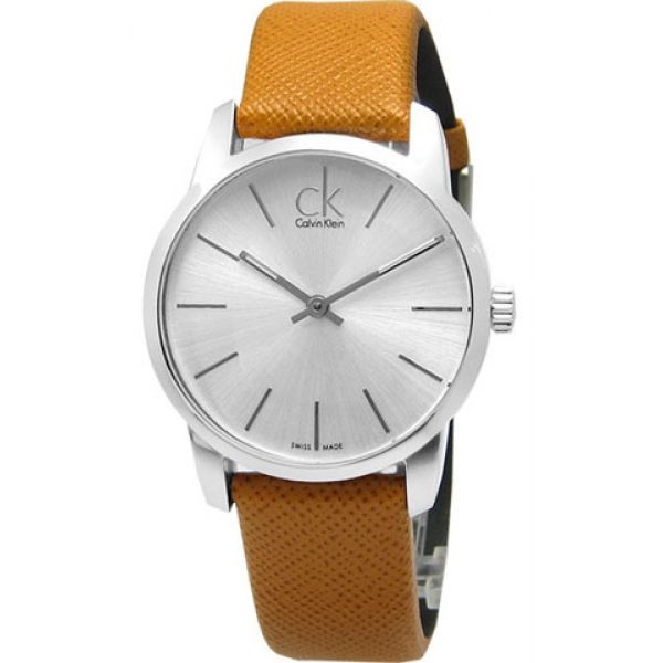  Shop Authentic Calvin Klein City Silver Dial Light Brown Leather Strap Watch For Women- K2G23120 - Luxxuri