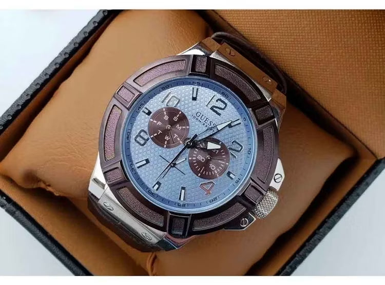 Guess Rigor Analogue Quartz Blue Dial Brown Leather Strap Watch For Men - W0040G10