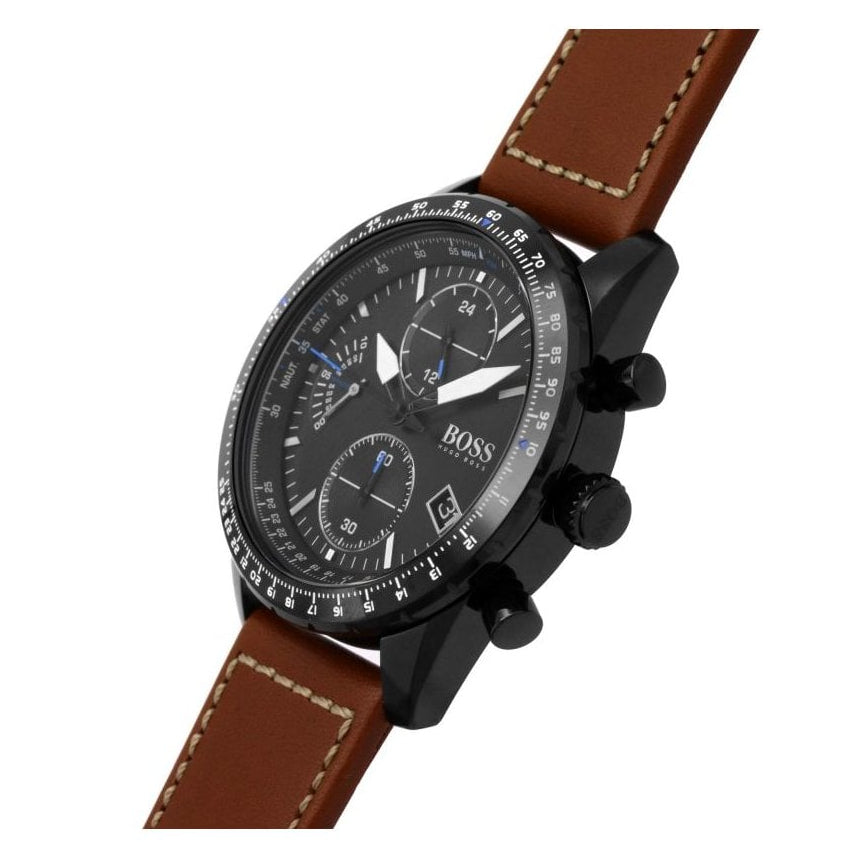 Hugo Boss Pilot Chronograph Black Dial Brown Leather Strap Watch for Men - 1513851