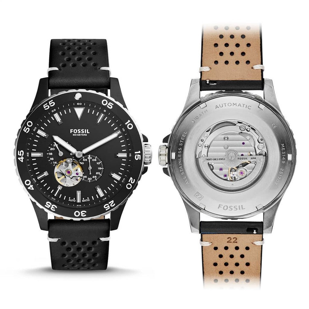  Shop Authentic Fossil Crewmaster Sports Automatic Black Dial Black Leather Strap Watch for Men - ME3148 - Luxxuri