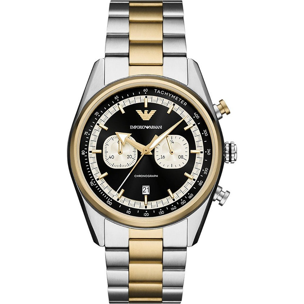 Emporio Armani Racer Chronograph Black Dial Two Tone Steel Strap Watch for Men - AR11678
