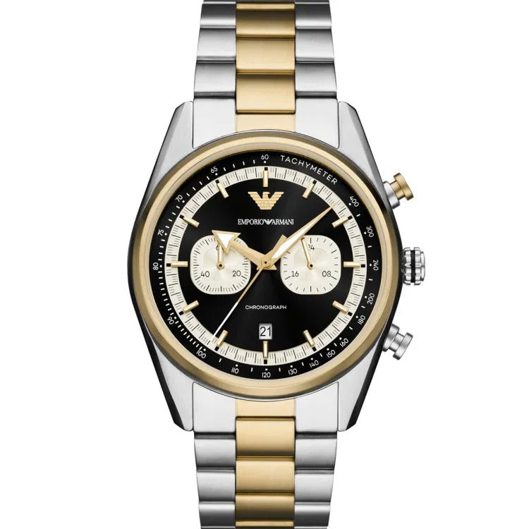 Emporio Armani Racer Chronograph Black Dial Two Tone Steel Strap Watch for Men - AR11678