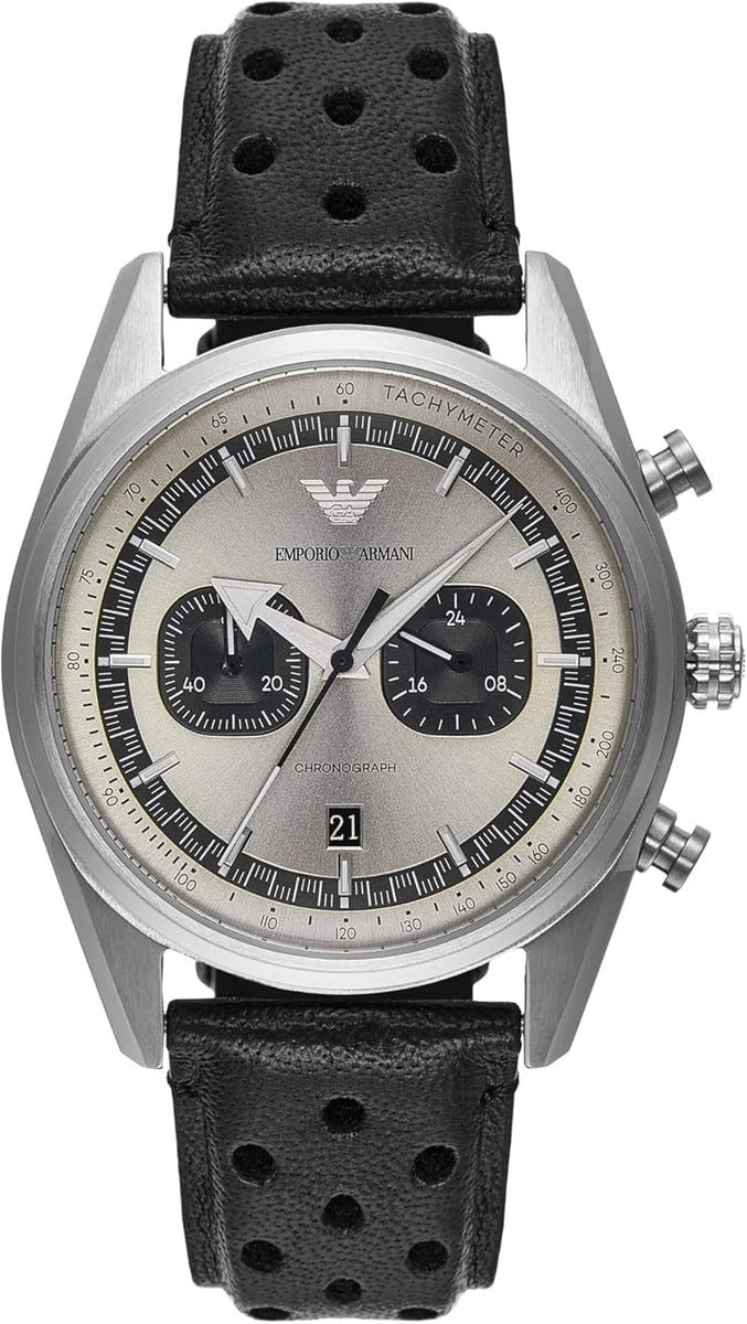 Emporio Armani Racer Chronograph Silver Dial Black Leather Strap Watch for Men - AR11677
