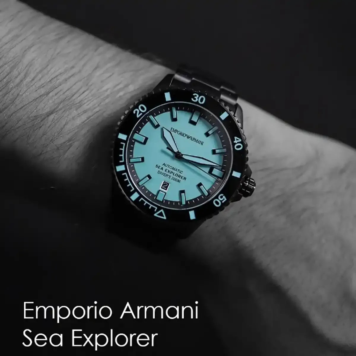 Emporio Armani Sea Explorer Turquoise Blue Dial Black Steel Strap Watch for Men - AR60084