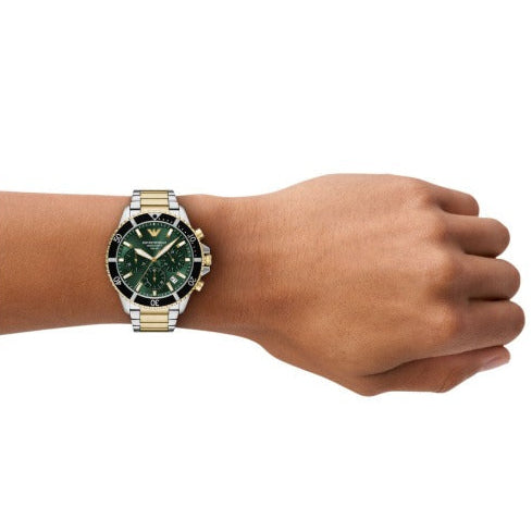  Shop Authentic Emporio Armani World Explorer Chronograph Green Dial Two Tone Steel Strap Watch for Men - AR11695 - Luxxuri