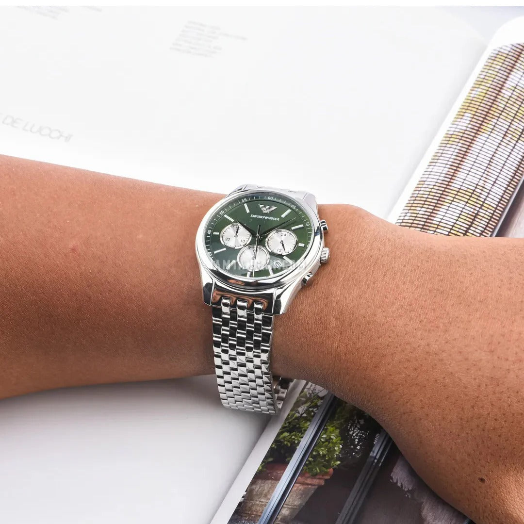 Emporio Armani Antonio Chronograph Green Dial Silver Steel Strap Watch for Men - AR11581
