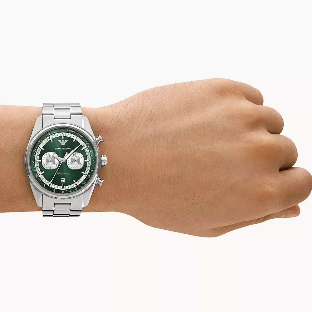 Emporio Armani Racer Chronograph Green Dial Silver Steel Strap Watch for Men - AR11637