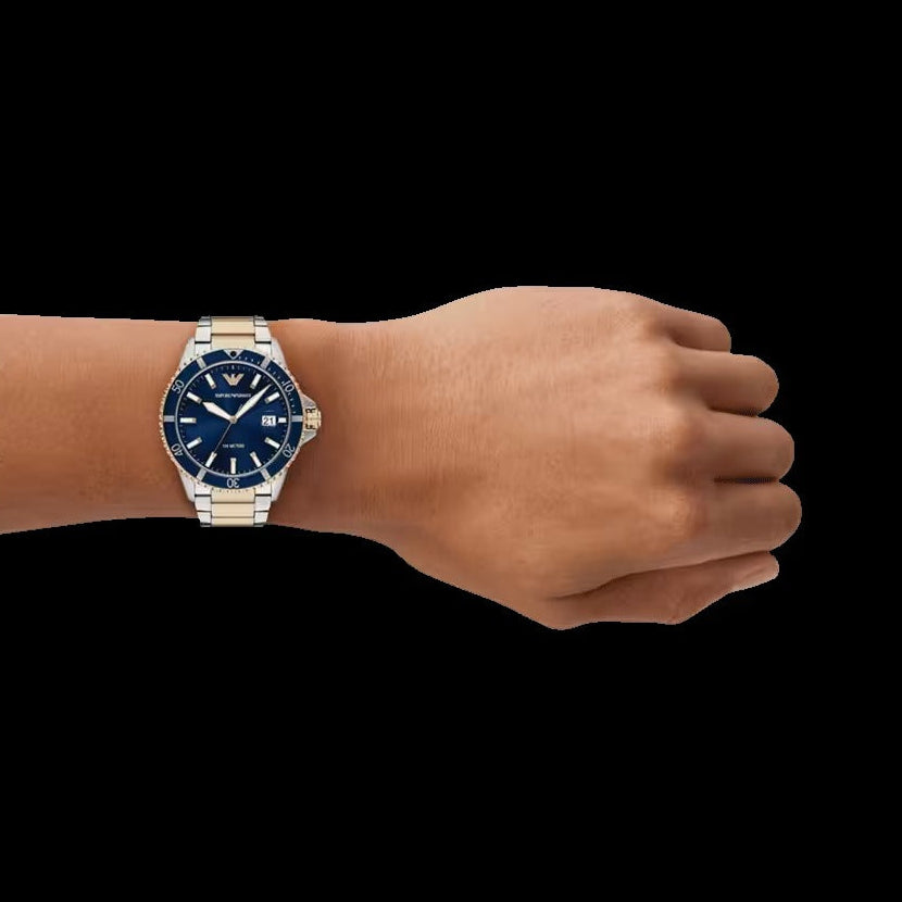 Emporio Armani World Explorer Blue Dial Two Tone Steel Strap Watch for Men - AR11682