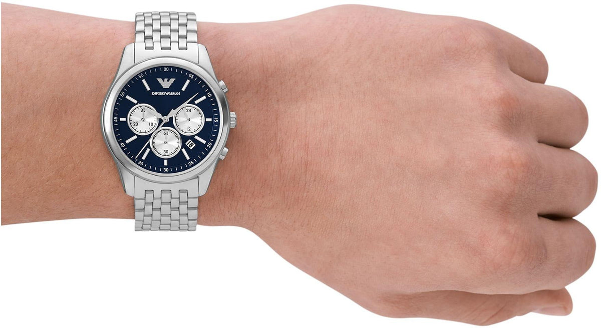 Emporio Armani Antonio Chronograph Blue Dial Silver Steel Strap Watch for Men - AR11582