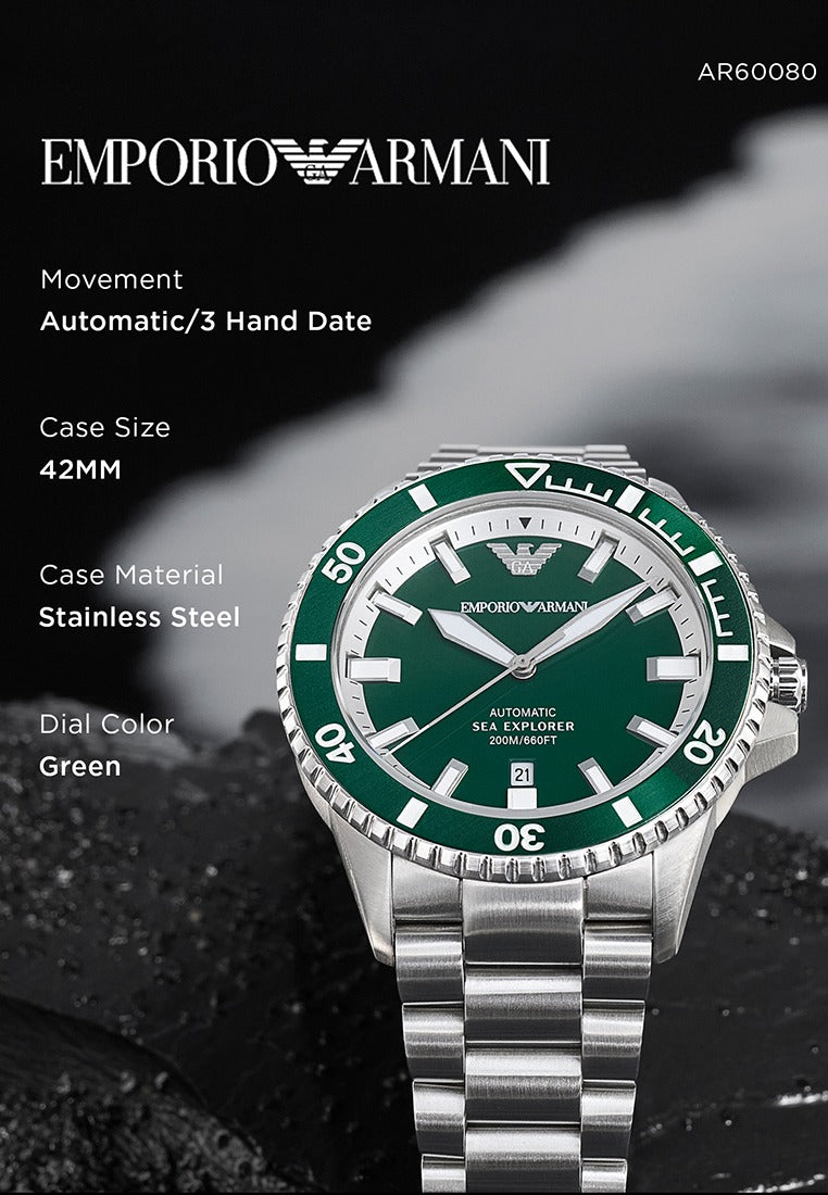 Emporio Armani Sea Explorer Green Dial Silver Steel Strap Watch for Men - AR60080