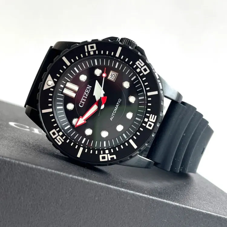 Citizen Mechanical Automatic Black Dial Black Rubber Strap Watch for Men - NJ0125-11E