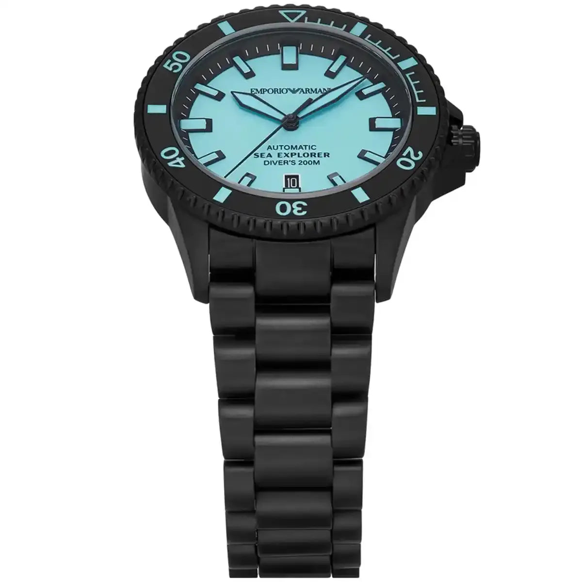 Emporio Armani Sea Explorer Turquoise Blue Dial Black Steel Strap Watch for Men - AR60084
