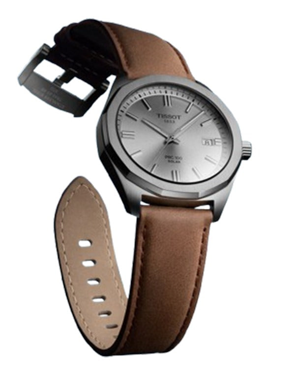Tissot PRC 100 Solar Quartz Silver Dial Brown Leather Strap Watch for Men - T151.422.16.031.00