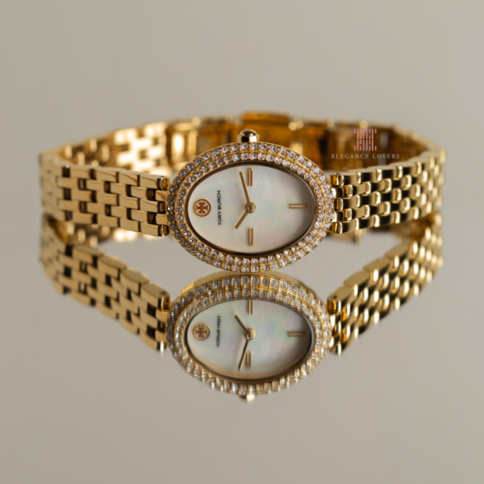 Tory Burch Oval Mother of Pearl Dial Gold Steel Strap Watch for Women - TBW6034