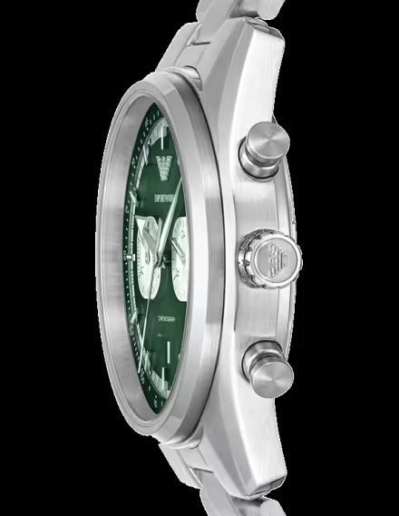 Emporio Armani Racer Chronograph Green Dial Silver Steel Strap Watch for Men - AR11637