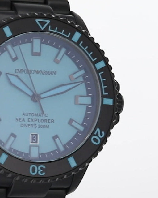 Emporio Armani Sea Explorer Turquoise Blue Dial Black Steel Strap Watch for Men - AR60084