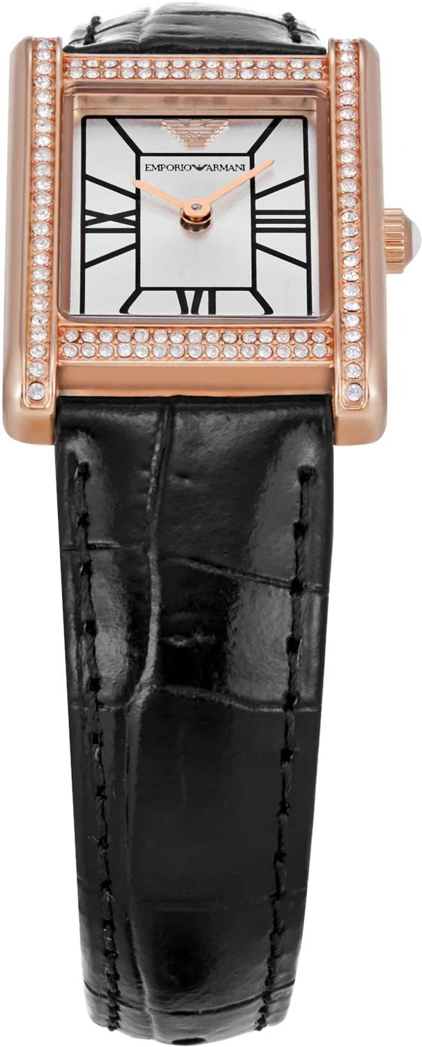 Emporio Armani Genni Silver Dial Black Leather Strap Watch for Women - AR11624