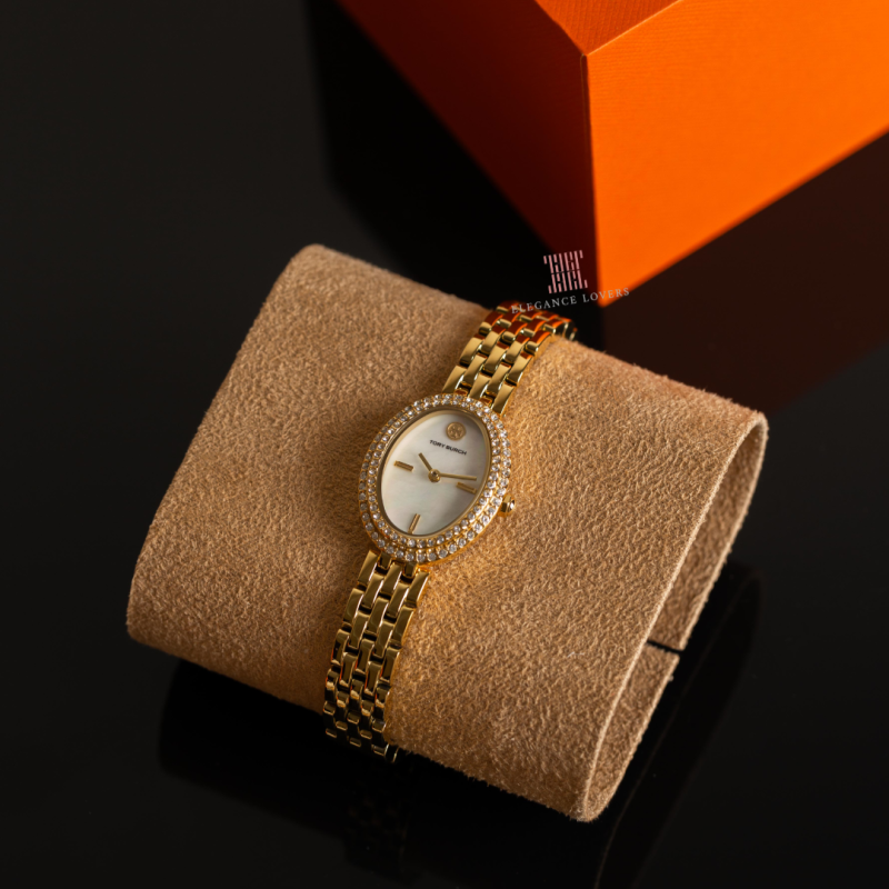 Tory Burch Oval Mother of Pearl Dial Gold Steel Strap Watch for Women - TBW6034