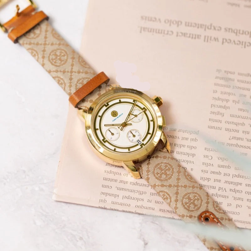 Tory Burch The Tory Chronograph White Dial Maroon Jacquard Strap Watch for Women - TBW1050