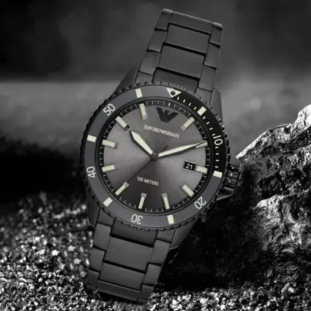 Emporio Armani World Explorer Black Dial Black Steel Strap Watch for Men - AR11398