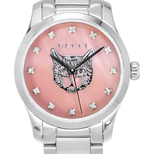 Gucci G Timeless Diamonds Pink Mother of Pearl Dial Silver Steel Strap Watch for Women - YA1265025