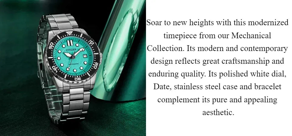 Citizen Mechanical Automatic Turquoise Dial Silver Steel Strap Watch for Men - NJ0170-83X