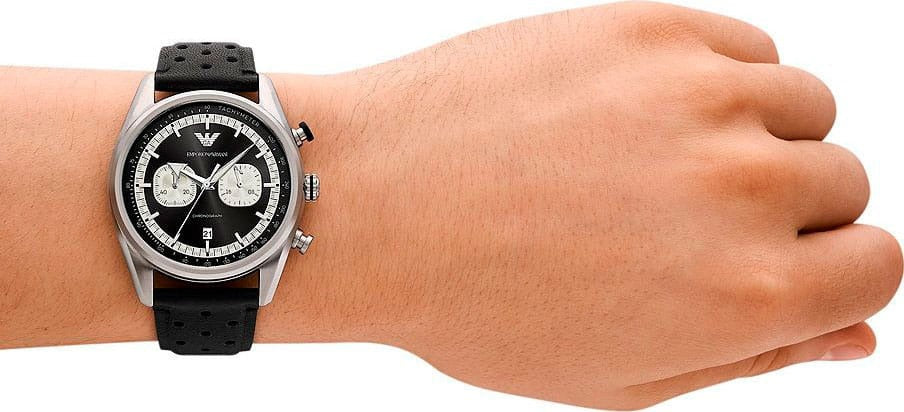 Emporio Armani Racer Chronograph Black Dial Black Leather Strap Watch for Men - AR11635