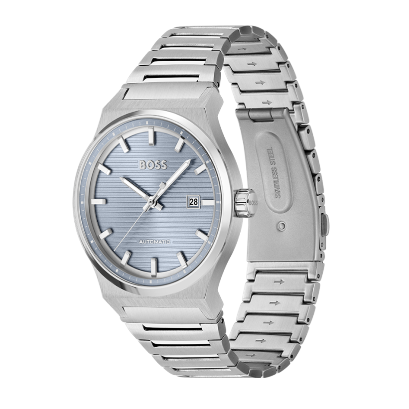Hugo Boss Candor Automatic Ice Blue Dial Silver Steel Strap Watch for Men - 1514118