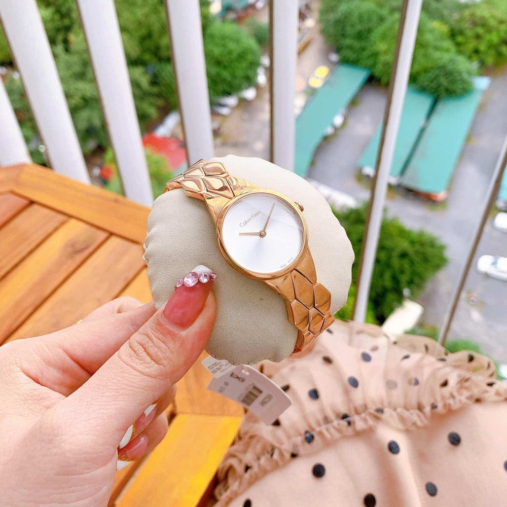  Shop Authentic Calvin Klein Snake Silver Dial Rose Gold Steel Strap Watch For Women - K6E23646 - Luxxuri