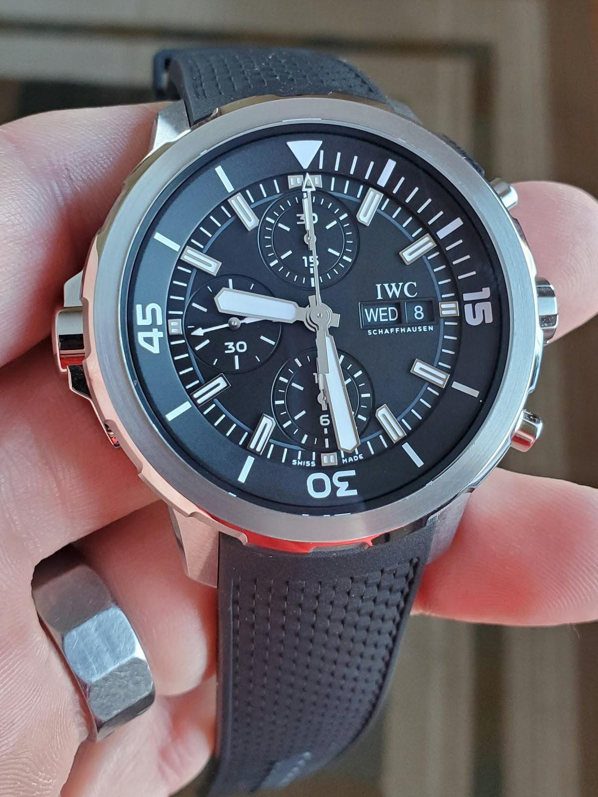  Shop Authentic IWC Aquatimer Chronograph Black Dial Black Leather Strap Watch for Men - IW376803 - Luxxuri