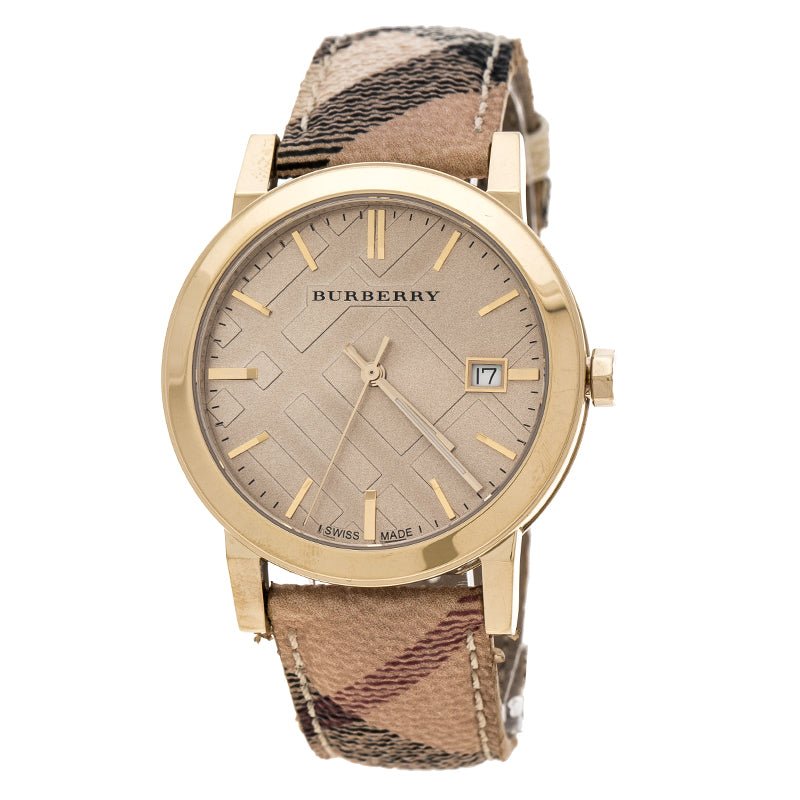  Shop Authentic Burberry The City Gold Dial Haymarket Brown Leather Strap Watch for Women - BU9026 - Luxxuri