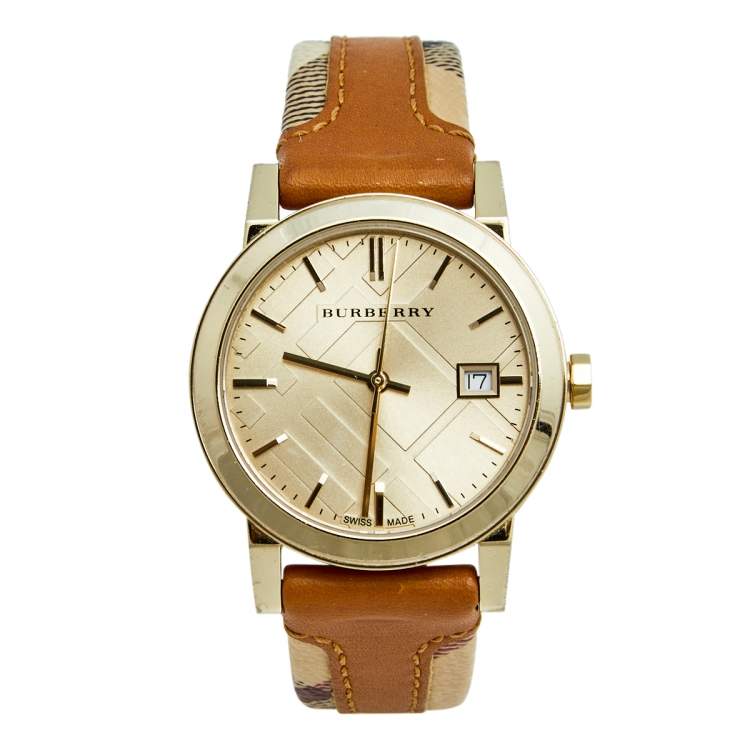  Shop Authentic Burberry The City Gold Dial Brown Leather Strap Watch for Women - BU9133 - Luxxuri