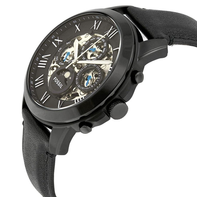Fossil Grant Automatic Chronograph Black Dial Black Leather Strap Watch for Men - ME3028