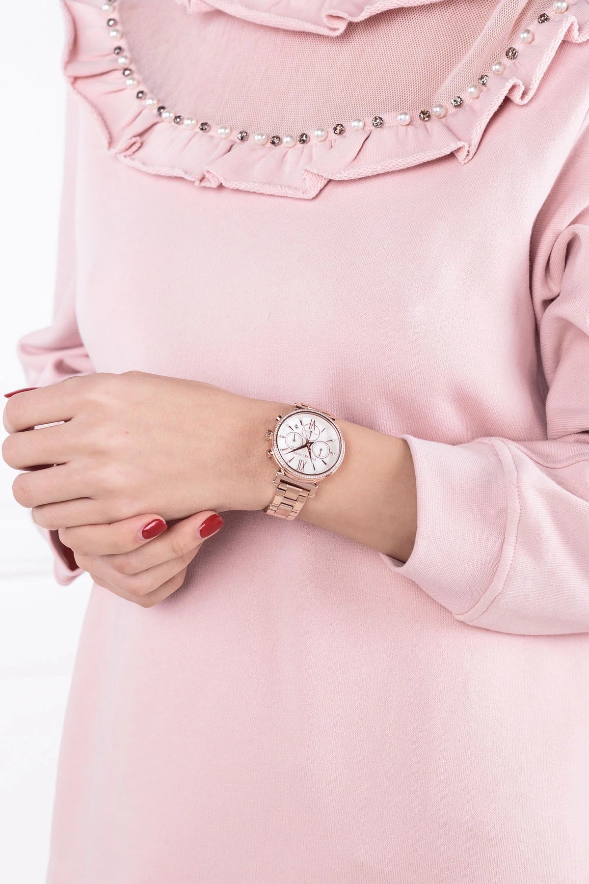 Michael Kors Sofie Chronograph Mother of Pearl White Dial Rose Gold Steel Strap Watch For Women - MK6576