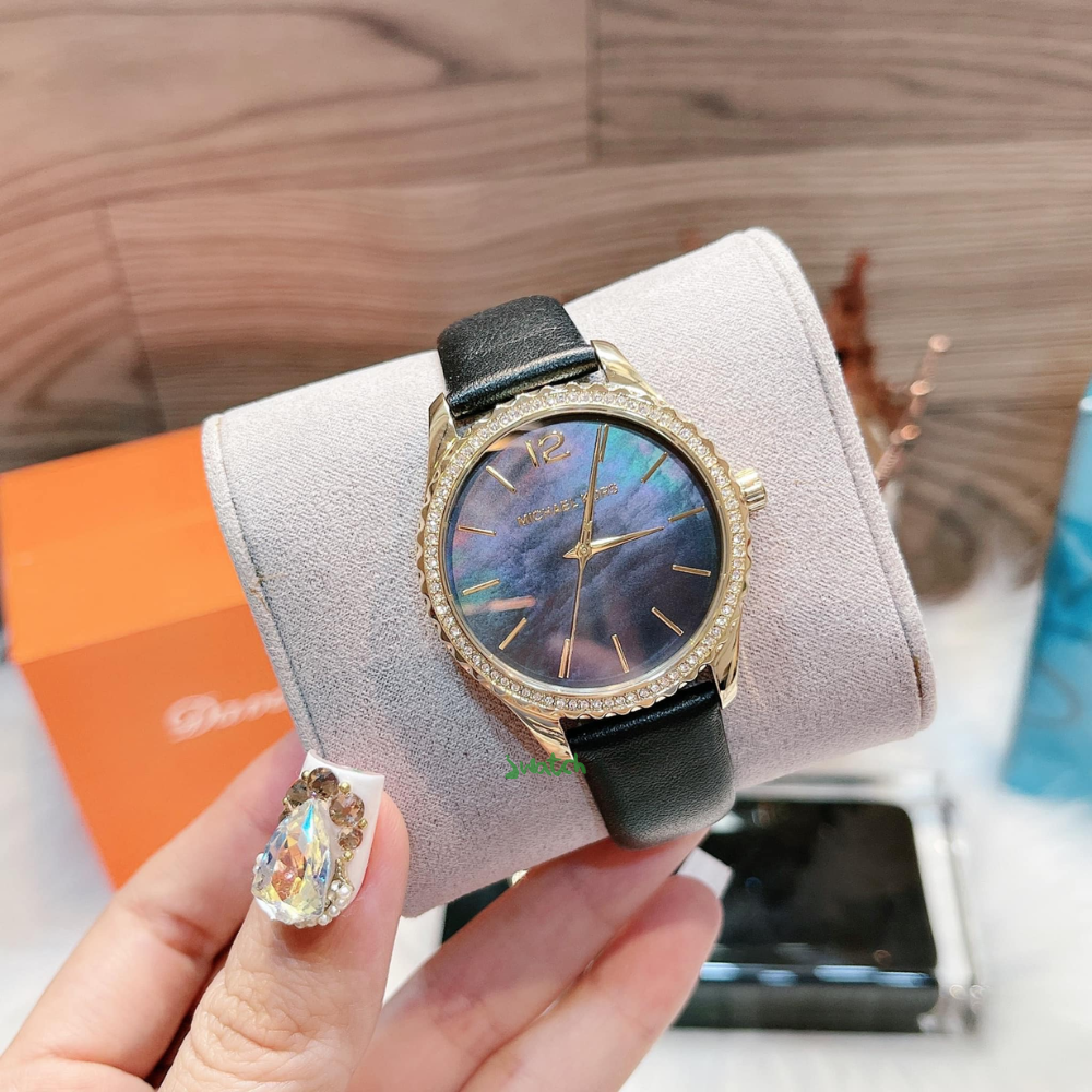 Michael Kors Layton Three Hand Mother of Pearl Black Dial Black Leather Strap Watch For Women - MK2911
