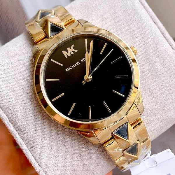 Michael Kors Runway Black Dial Gold Steel Strap Watch for Women - MK3478