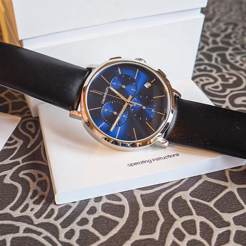  Shop Authentic Calvin Klein Chronograph Blue Dial Black Leather Strap Watch for Men - K8Q371CN - Luxxuri