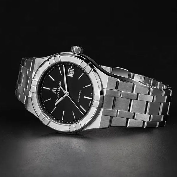  Shop Authentic Maurice Lacroix Aikon Date Quartz Black Dial Silver Steel Strap Watch for Men - AI1108-SS002-330-1 - Luxxuri